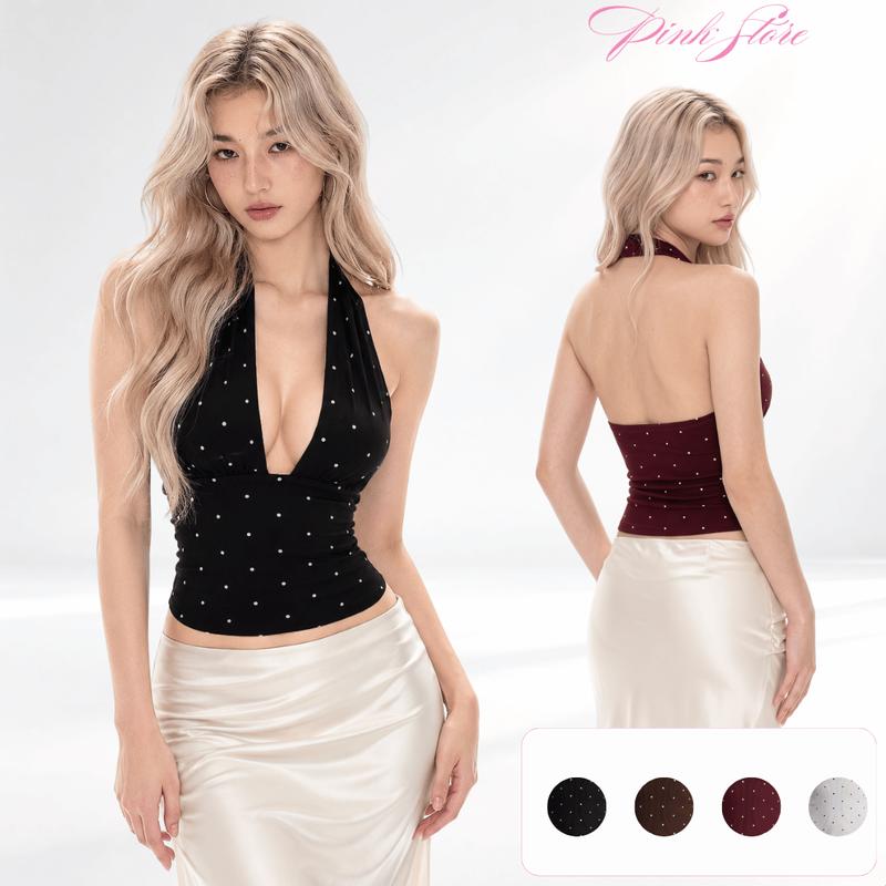 Áo Nữ Chấm Bi Cổ Yếm Dáng Ôm PINKSTORE29 Hở Lưng Gợi Cảm A51495
