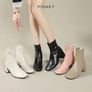 PINKEY P026 Sepatu Boots Heels 6 cm Wanita Terkini Flat Terlaris Populer Kulit Hitam Beige Khaki Best Seller Shoes