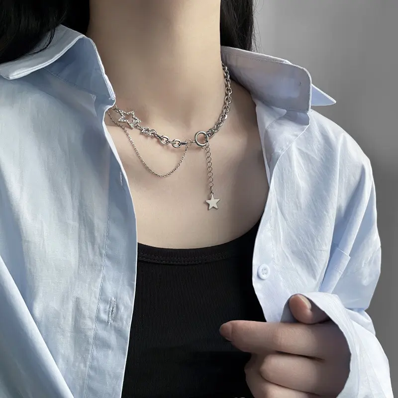 COD ❤️ Kalung Bintang Star Berlapis Ganda Desain Rasa Dalam Rantai Tulang Selangka Hip-Hop Wanita 6