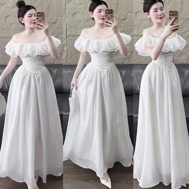  Đầm váy nữ voan tơ thiết kế trễ vai nhún bèo  có mút ngực  dáng xòe dài sang chảnh dành cho các nàng diện đi chơi đi tiệc. 