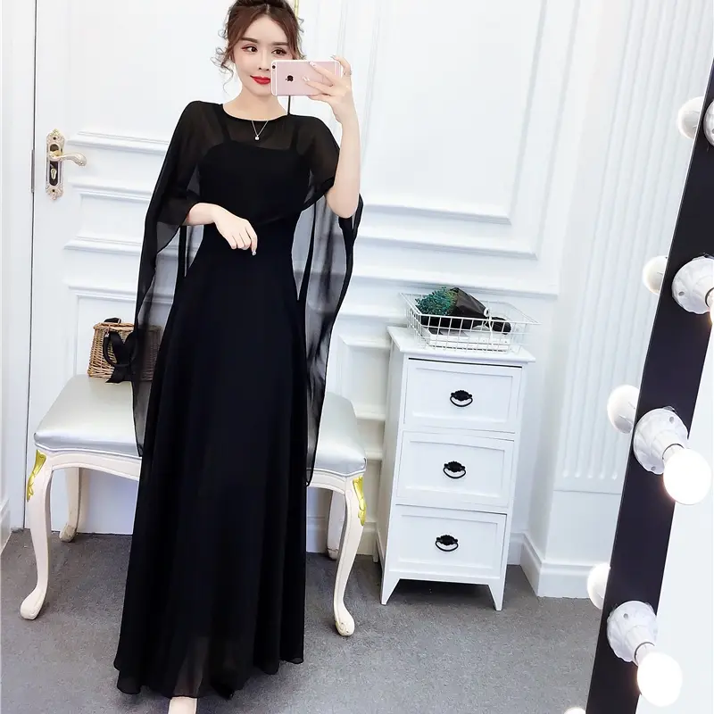 Gaun Panjang Wanita 2 Potong Setelan Muslim Gaun Pesta Formal Wanita Gaun Panjang Tanpa Lengan Sifon + Selendang 3