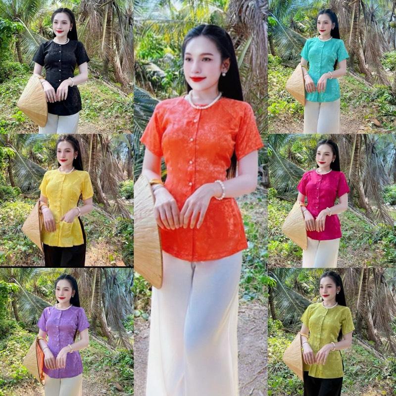 [BỘ BÀ BA][QUẦN LẺ] áo bà ba nữ gấm tay ngắn có túi 2 bên, quần lụa thái/ Sét bà ba áo gấm, quần satin, tay ngắn hot Nhung Voi Kem
