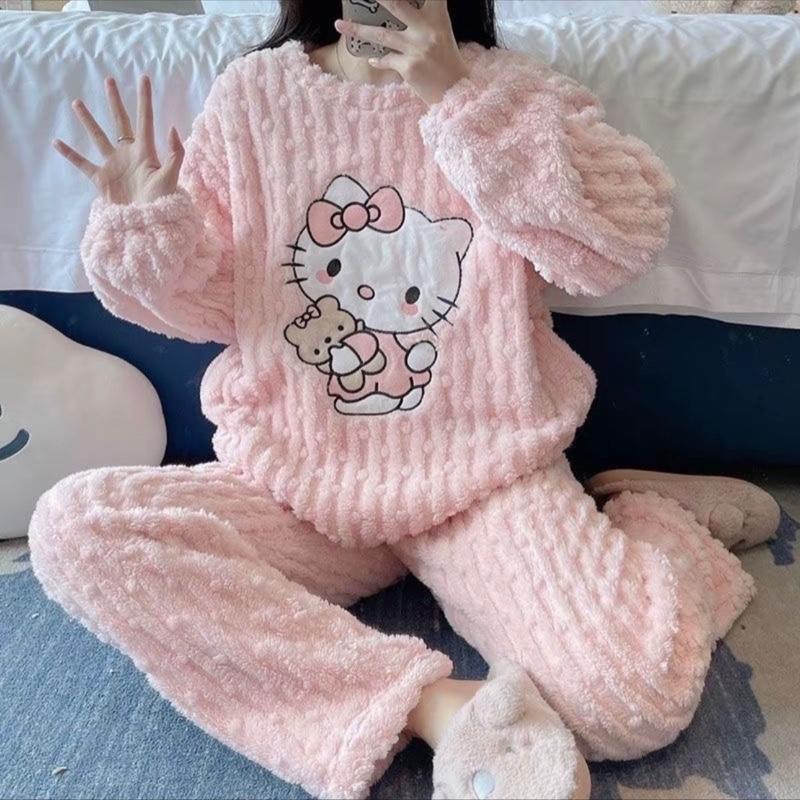 QC Bộ ngủ ủ kem nữ lông dài tay cổ tròn mềm mại ấm áp freesize Women Áo Quần Ngủ Áo Ngủ Pijama set đồ ngủ đông