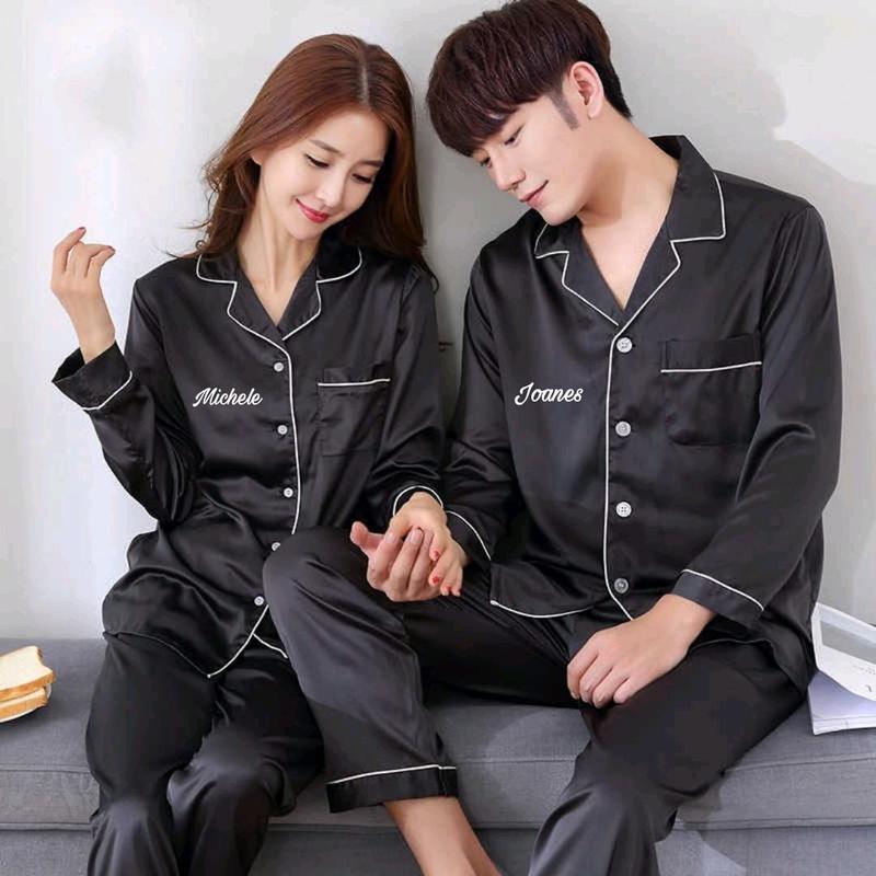 Piyama pajamas baju tidur couple pria wanita custom bordir nama hadiah kado gift nikahan wedding pernikahan prewedding / untuk seserahan murah unik lucu navy hitam merah maroon cewek cowok 4