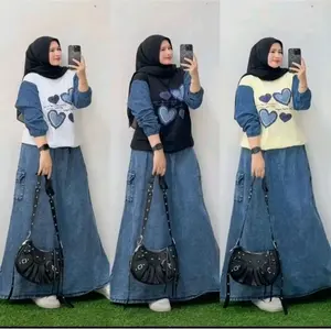 SET ROK JEANS LOVE KUPU KUPU Wanita Dewasa Casual Setelan Denim