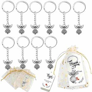 Llaveros de ángeles color plateado, 30 piezas / 10 sets, recuerdos perfectos para fiesta de bautizo, incluye bolsas de organza con lunas y estrellas, etiquetas de regalo de agradecimiento