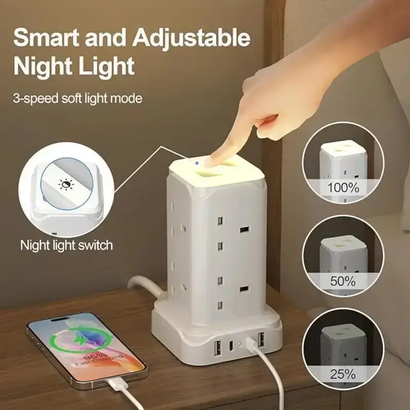 UK 2M  Cord Night Light   Power   Tower  Outlet to     Wire  2-A2Type (PD20W) 8 AC Outlets, suitable for office, home, school, dormitory use. Elektronik Elektrik   control woss       plak zayon   soket dinding random stop  kontak socket  usb