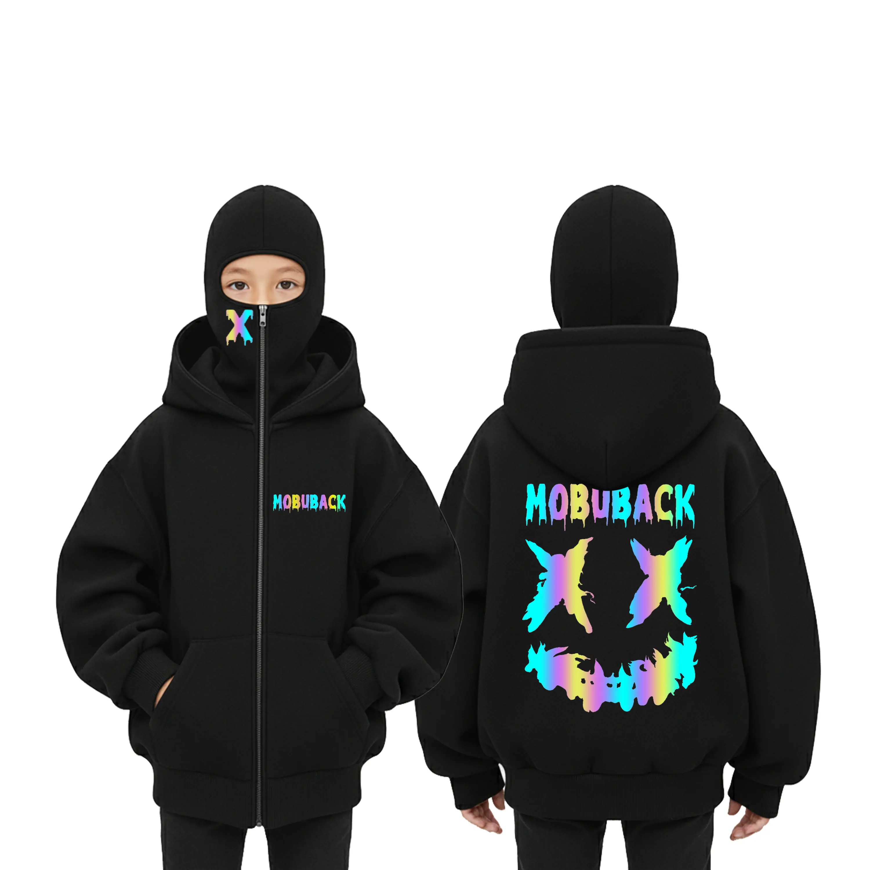 Mobuback Sweater Hoodie Ninja Balaclava Anak 7-12 Tahun Reflective Menyala Xtreme Smile Rainbow Hoodie Jumper Bahan Tebal 280GSM
