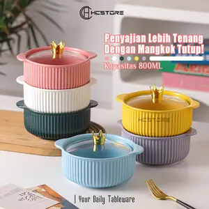 HCSTORE Mangkok Tutup warna ukuran 20cm dengan handle tahan panas mangkuk keramik tutup kaca