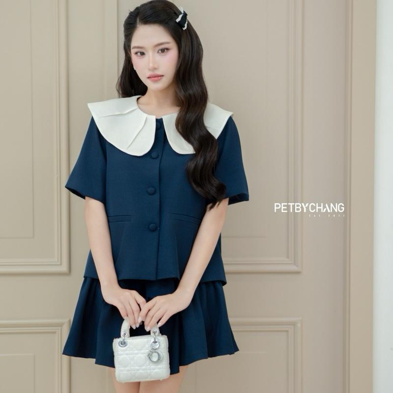 PETBYCHANG - Set áo Navy phối cổ bản to kèm chân váy phong cách tiểu thư Hàn Quốc trẻ trung thanh lịch