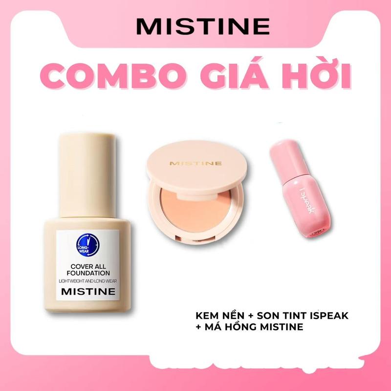【LIVE Combo Kem nền Mistine che phủ hoàn hảo kiềm dầu tốt 30g + Son tint ISPEAL + Má hồng Mistine