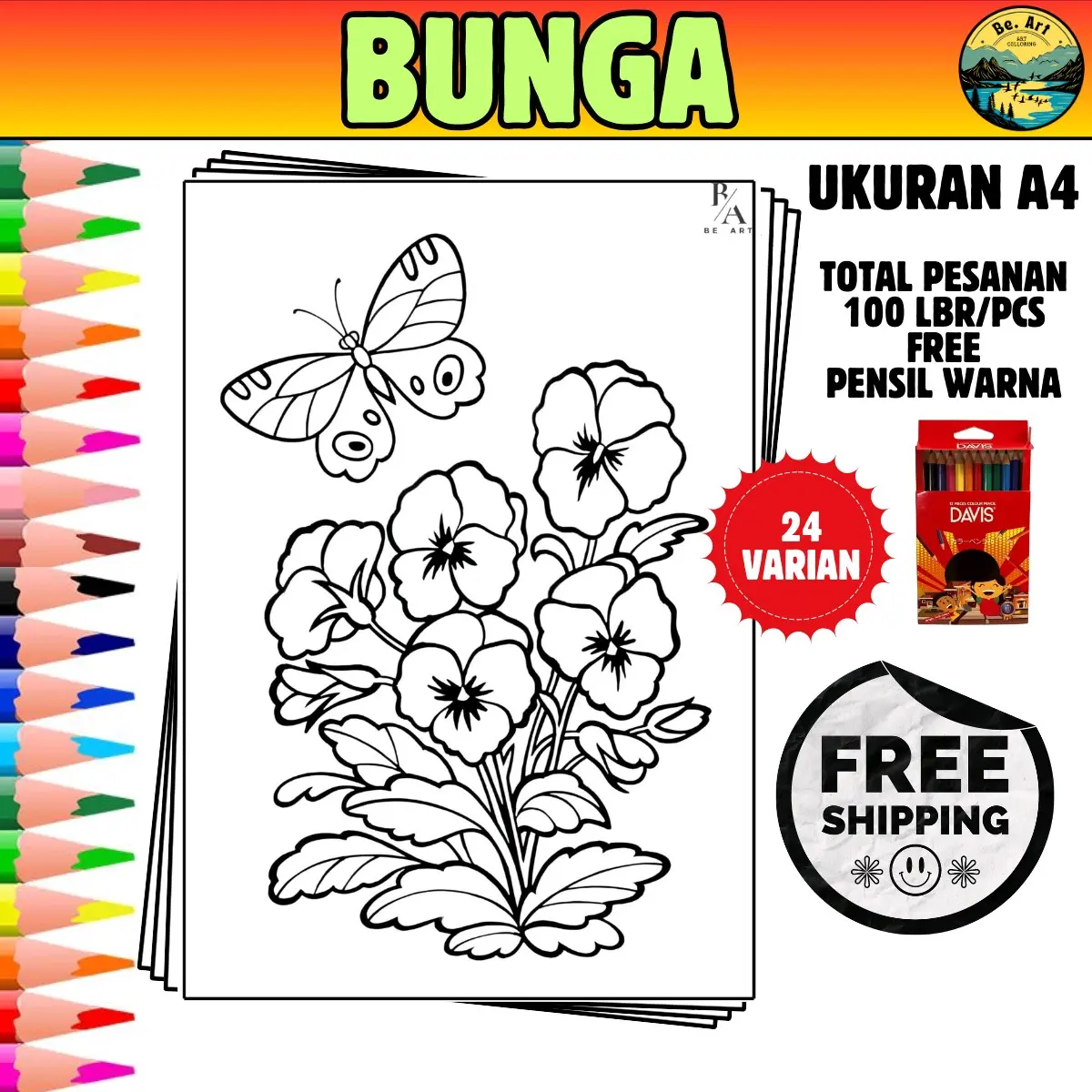 kertas gambar mewarnai anak A4 (BUNGA) Toys