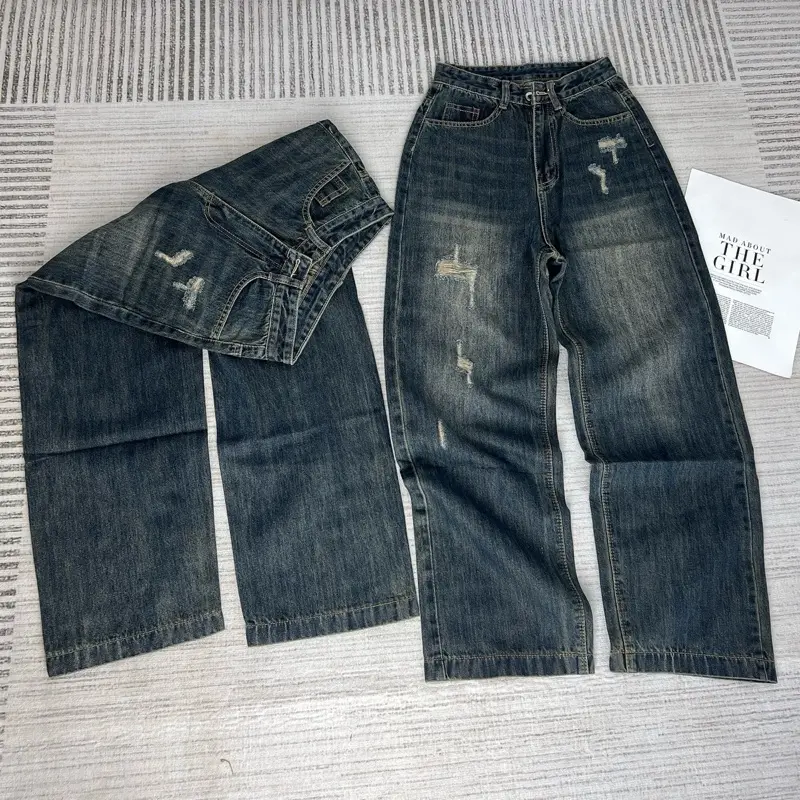 [LN101] Quần Jeans Ống Suông Phối Rách Nhẹ Nhàng Form Lỡ 95cm Màu Rêu Bụi Chất Vải QCCC Mềm, Mịn 0