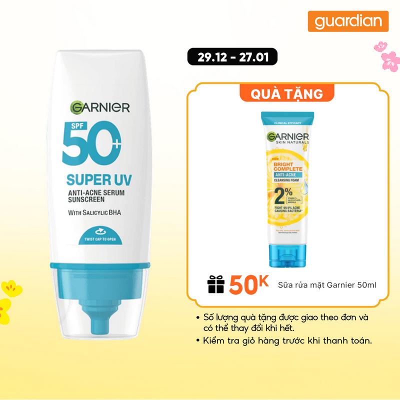 Kem Chống Nắng Garnier Phổ Rộng Hỗ Trợ Giảm Dầu & Hỗ Trợ Giảm Mụn SPF 50+PA++++ 30Ml