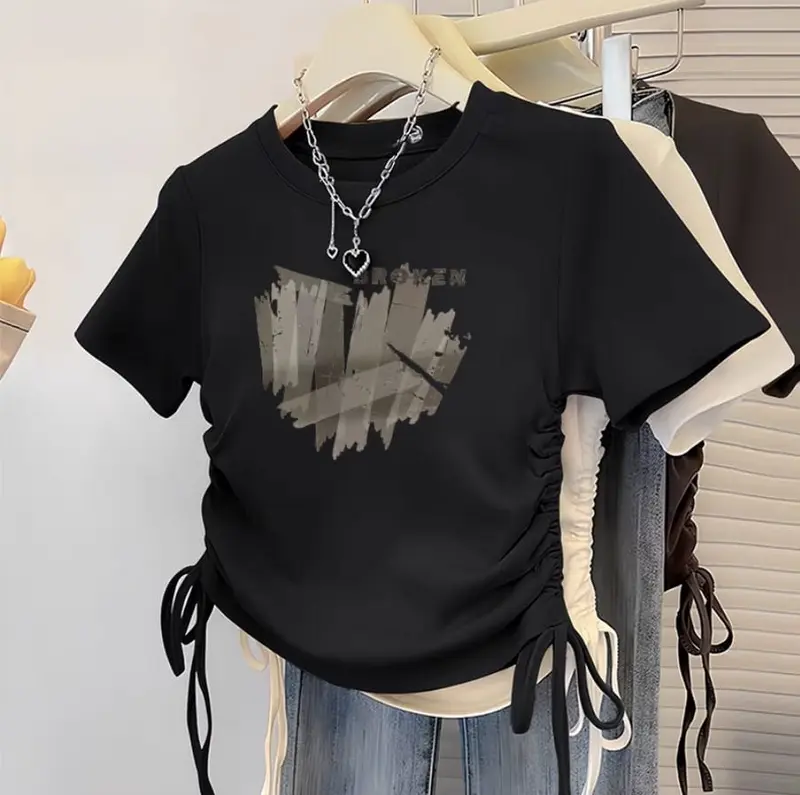 Kaos Crop Wanita Katun - T shirt Broken Heart Tali Serut Wanita Crop Top 4