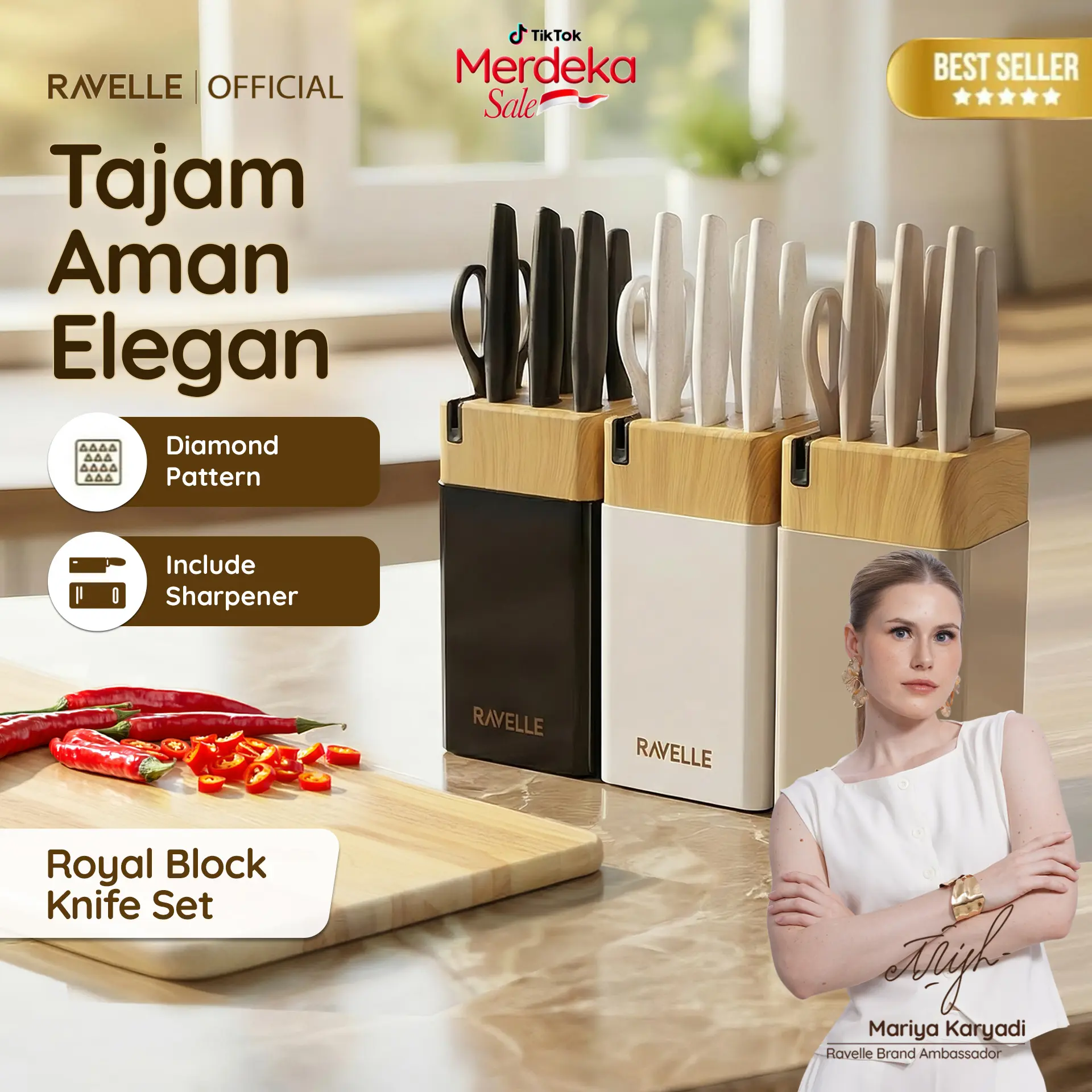 Ravelle Royal Block Knife Set 7in1 - Pisau Dapur Anti Lengket Stainless Steel, Knife Block, Gunting
