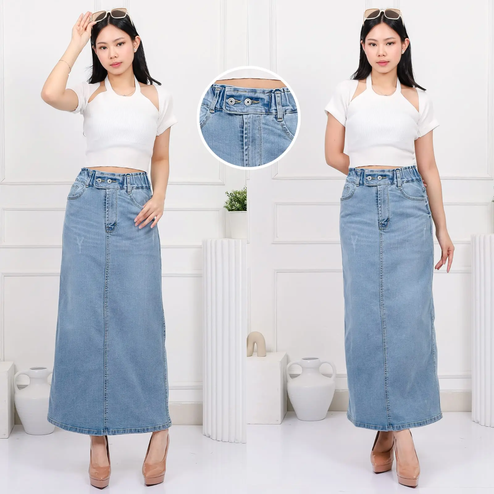 GoJeans AISHA - Rok Jeans Panjang Wanita AISHA Pinggang Karet - Size 27-30 - NAVY GARMENT/BIRU MUDA/SNOW