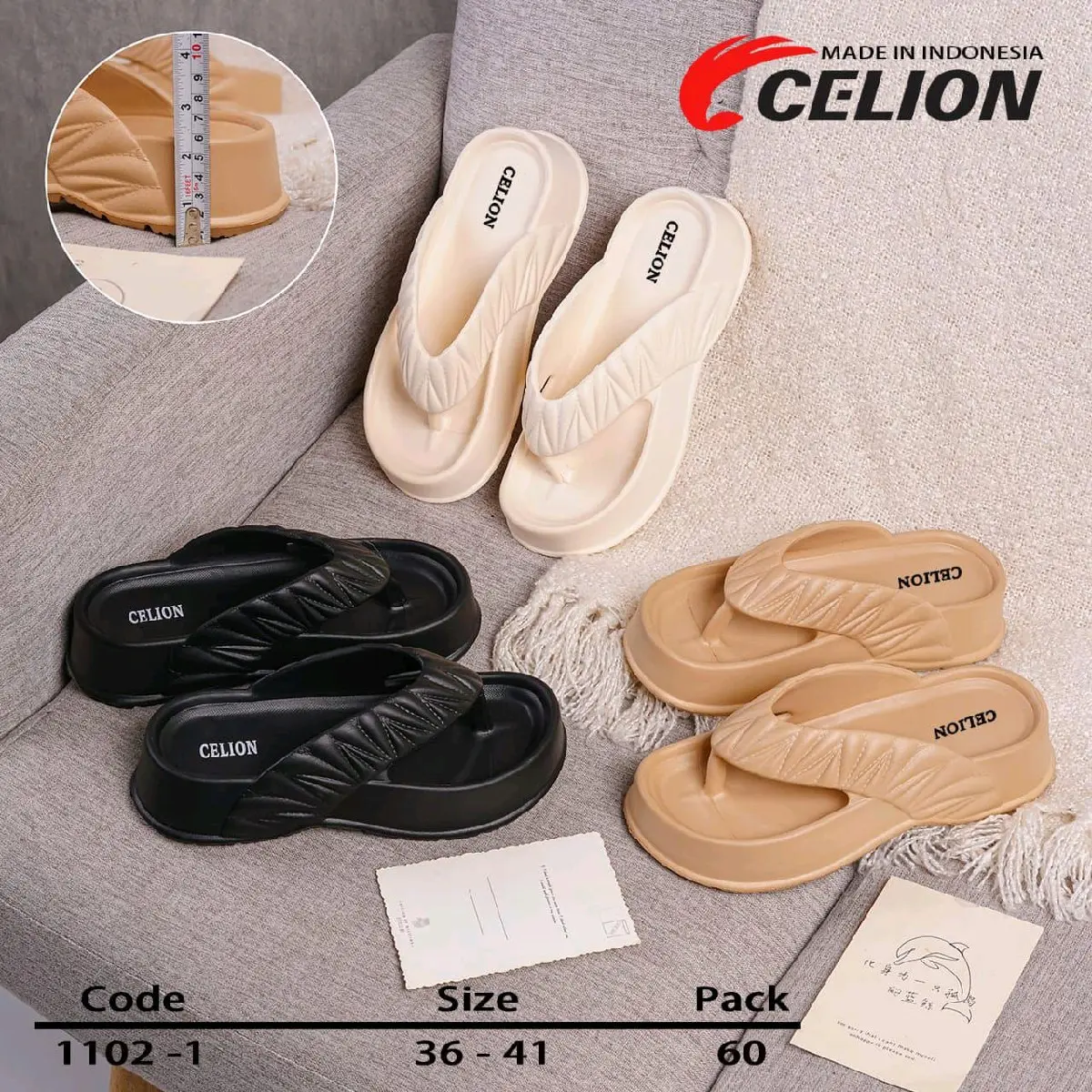 CELION Sendal Jepit Wedges Eva Rubber Model Pilih Lokal 1102-1 Kerut Polos - Wanita, Karet
