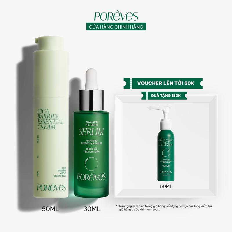 PORÊVES Combo Skincare Kem Dưỡng Ẩm Cica Barrier Essential Moisturizer 50ml và Serum Dưỡng Ẩm Hỗ Trợ Phục Hồi Advanced Prebiotic Serum 30ml | Làm Đẹp Da Nam Nữ Rau Má