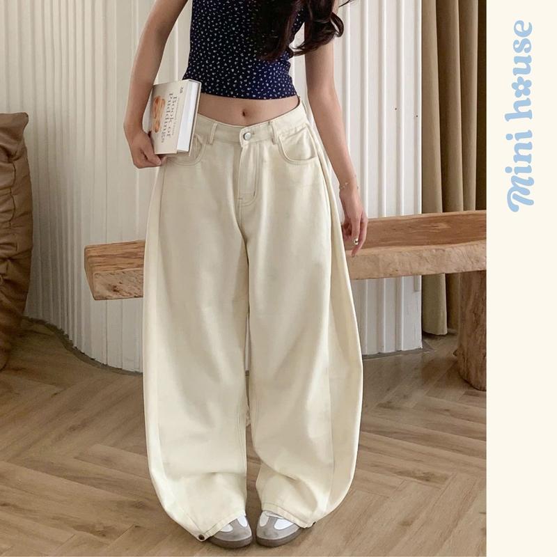 Mini House - Quần Kaki Ống Rộng Unisex Phối Line Nhúm 3 Màu Trắng/Kem/Đen Chất Liệu Vải Kaki Pha Jeans Dày MINI05 Dặn Cá Tính Năng Động