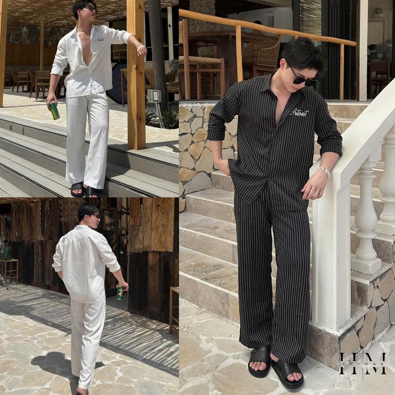 Set Bộ Kẻ Sọc Áo Sơ Mi In Chữ & Quần Âu Ống Rộng Unisex Thời Trang SIXHUMAN HMB02