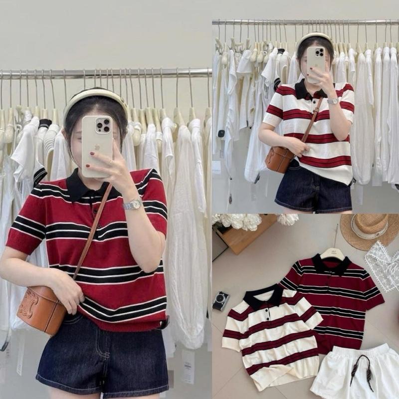 Áo polo len nữ cộc tay KẺ ĐỎ chất len mongtoghi  mỏng nhẹ freesize Lynmostore