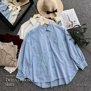 Twin Coquette Shirt Atasan Kemeja Kekinian Mewah Nyaman Bahan Linen Angel Motif Bordir Pita Full Kancing Busui Friendly Berkerah