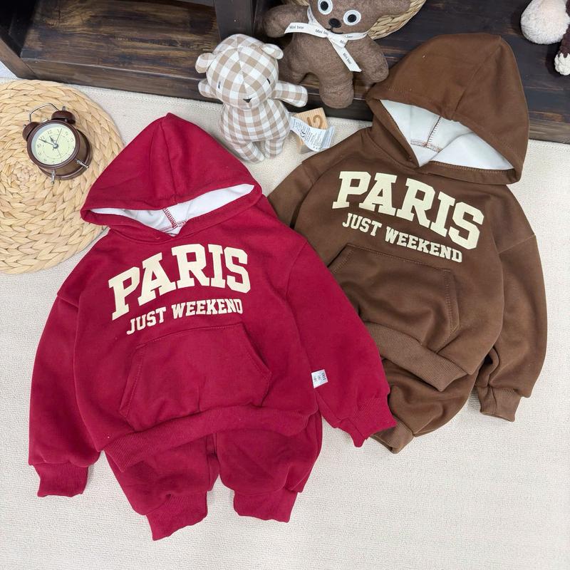  Bộ nỉ hoodie LÓT NHUNG PARIS dày ấm chất nỉ lót nhung không bai xù lông có 2 MÀU cho bé mặc đi chơi,đi học size 12-32kg 