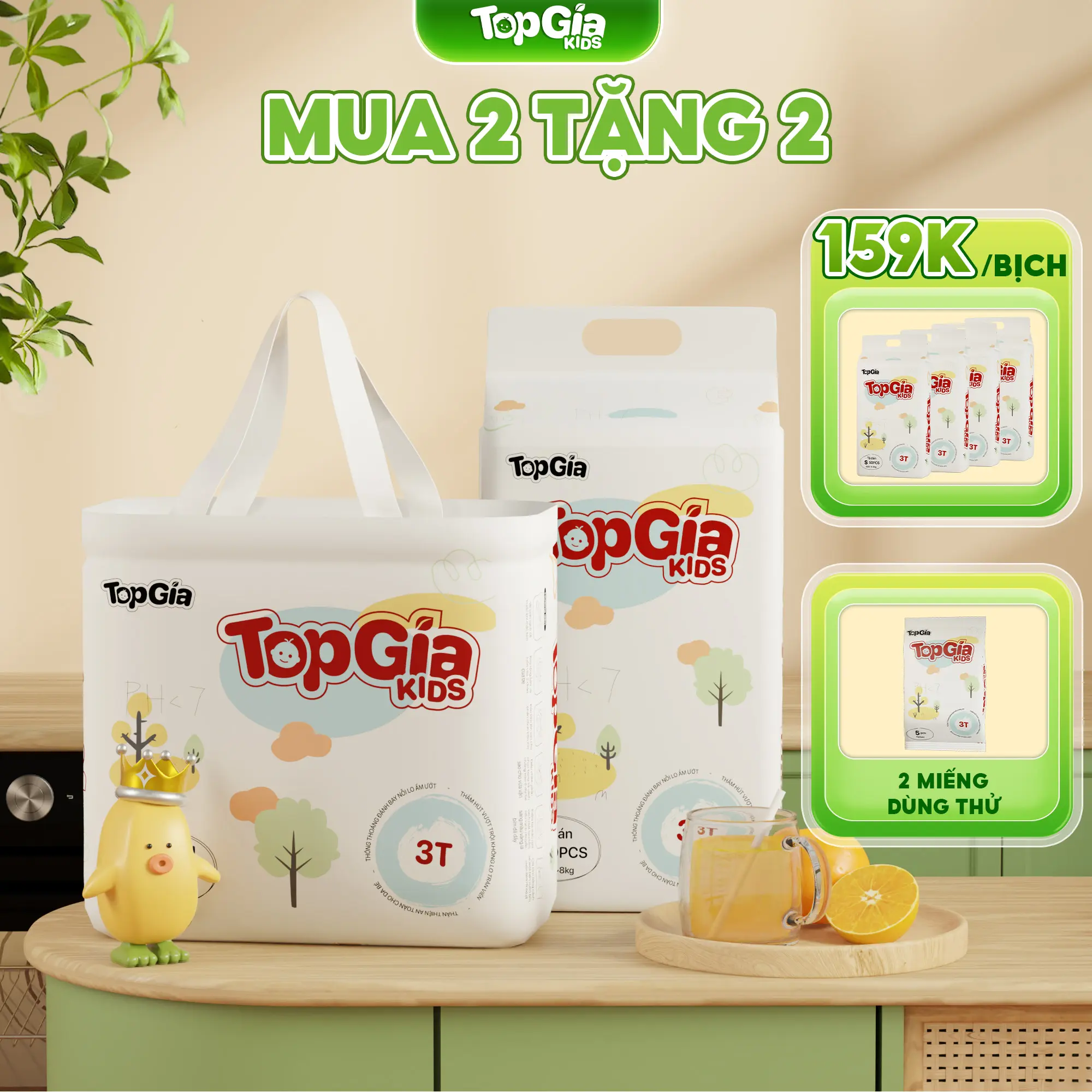 (DEAL LIVE - MUA 2 TẶNG 2) Tã Bỉm Topgiakids, pH<7 an toàn cho bé, mềm mại, mỏng nhẹ, chống tràn tối đa, tặng 2 miếng dùng thử (TDN)