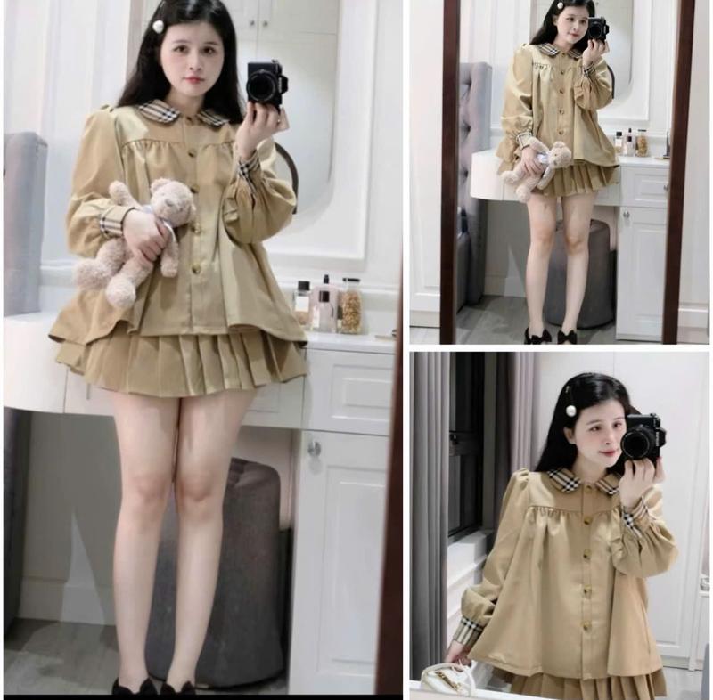  Set Áo Babydoll Kaki Cổ Sen 2 Lớp Dày Dặn Mix Chân Váy Xòe Xếp Li Phong Cách Tiểu Thư Sang Chảnh HANHAN S333 