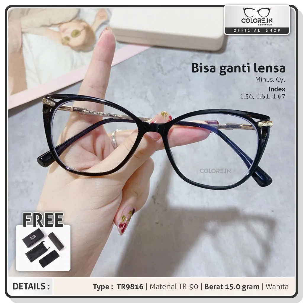 Colore.in Kacamata Anti Blueray Lensa Minus Photocromic Anti Radiasi Wanita Pria Terbaru Kacamata Fashion TR-90+Metal Anti Silau Frame Kacamata Komputer TR9816