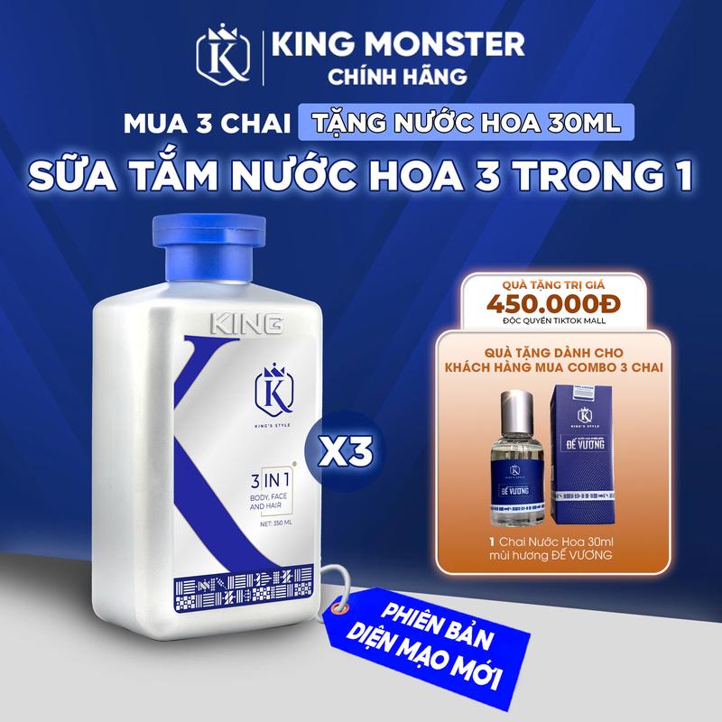 Combo 3 Chai Sữa Tắm Gội Dưỡng Thể 3in1 KingMonster – Hương Nước Hoa Lưu Hương Lâu Tặng Nước Hoa Đế Vương