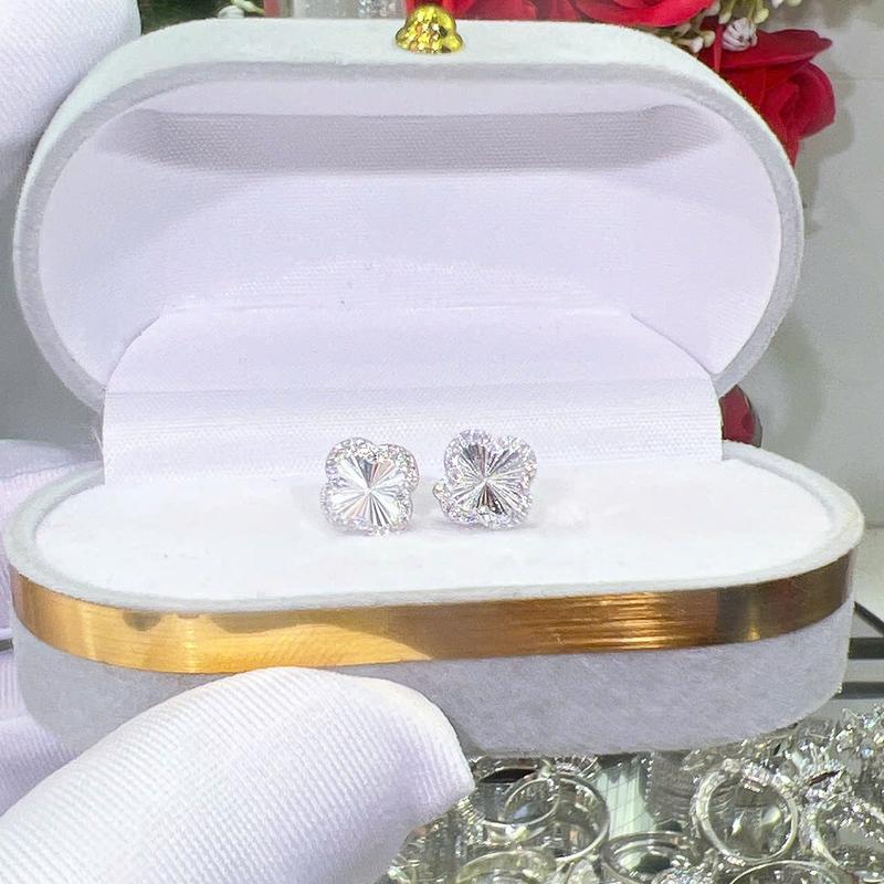 PVJ-Bông tai nữ, Bông cỏ 4 lá chạm máy chốt đẩy, bạc ý xi kim, xinh xắn sang trọng