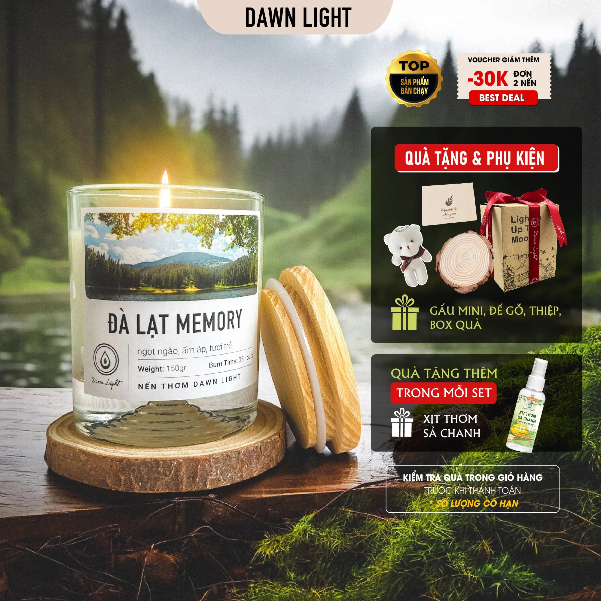 [Tặng Xịt Thơm] Set quà tặng Nến thơm phòng cao cấp handmade cho nam nữ vào Sinh Nhật, Giáng Sinh, Phụ Nữ Việt Nam, Tết nhiều mùi hương cho phòng vừa nhỏ Dawn Light