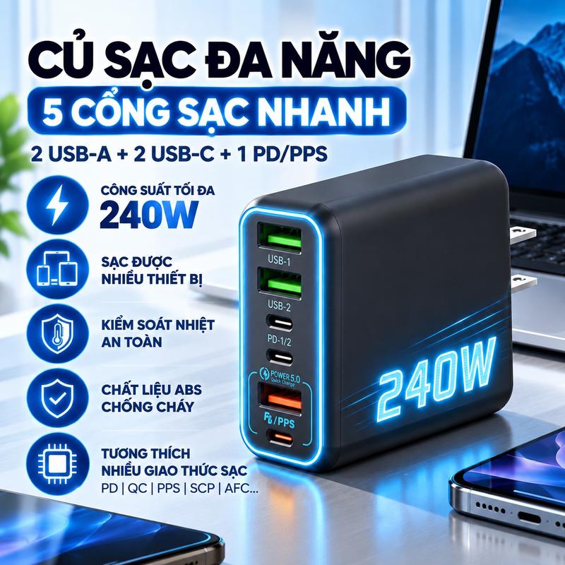 Củ Sạc Nhanh Đa Năng 240W 5 Cổng USB Type C, Bộ Sạc Đa Cổng cho Nhiều Thiết Bị Cho Điện Thoại Laptop