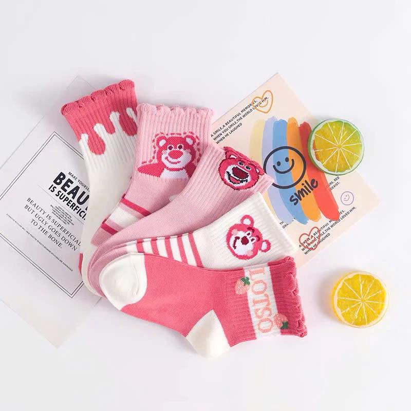 Smile Shop Bộ 5 đôi tất dâu Gấu Hồng cho bé gái từ 1-12 tuổi vớ lưới thoáng khí in họa tiết hoa dâu tây hoạt hình dễ thương SET 5 Đôi #đồbộbégái #váychobégái