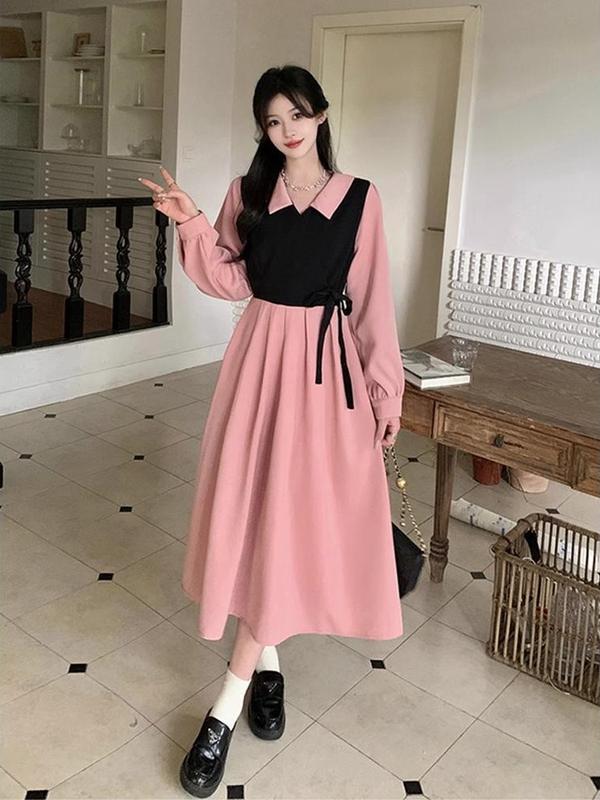 25007 đầm hồng tay dài polo nữ vintage pháp dáng dài tiệc cưới sang trọng đầm công sở trẻ trung suông hack dáng