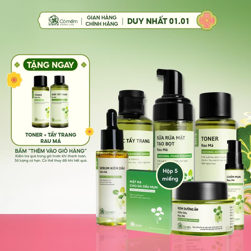   COMBO TẶNG 2 QUÀ MIỄN PHÍ  Trọn bộ Skincare Chăm Sóc Da Kiềm Dầu Giúp Giảm Mụn Rau Má Chuyên Sâu Bọt Rửa Mặt Nước Tẩy Trang Toner Kem Duỡng Serum Chấm Mụn Mặt Nạ Cỏ Mềm 