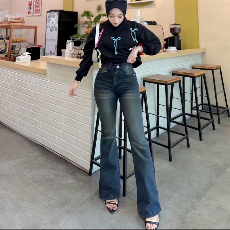 UP Jeans Cutbray Haigwaist Celana Panjang Wanita  Warna Retro Streatch 1