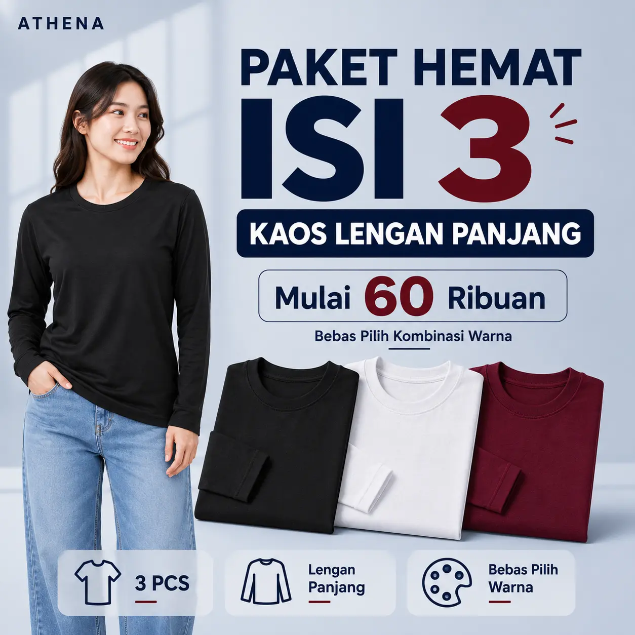 promo kaos polos panjang 3 pcs / crew neck / unisex Couple Lembut Nyaman Pria Combed