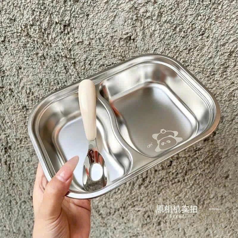 [Hàng Dạy Dặn] Khay inox Ăn 2 Ngăn - Khay Ăn Dặm inox 304 Dễ Thương Cho Các Bé An Toàn, Dễ Vệ Sinh, Chống Rơi Vỡ