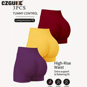 CZGUKE conjunto de 3 pzas para mujer: shorts de gimnasio y yoga de canalé bajo con rodillas de ciclismo, ajuste ceñido sin costuras, ideales para fitness y ejercicio en bicicleta
