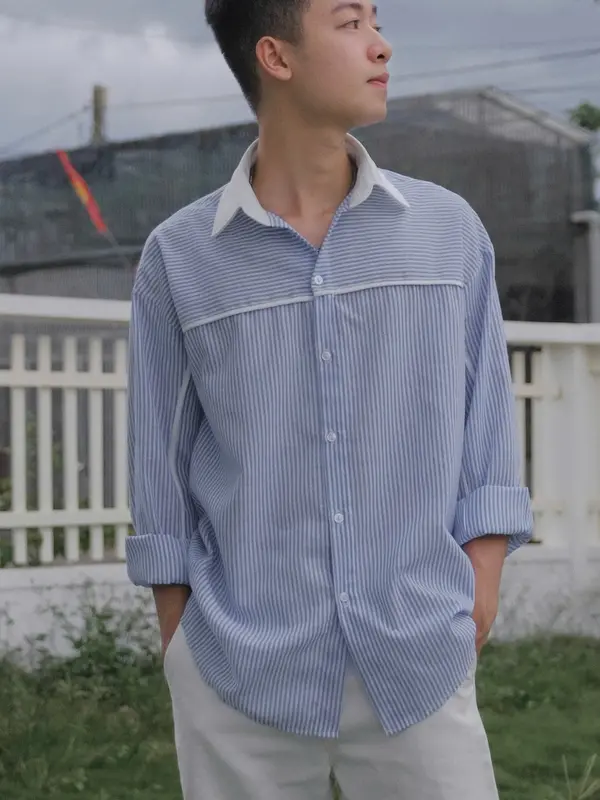Áo Sơ Mi Kẻ Sọc Xanh Nam Nữ JAATE A07 Linen Bột Form Rộng Tay Dài - Shirt Menswear 2
