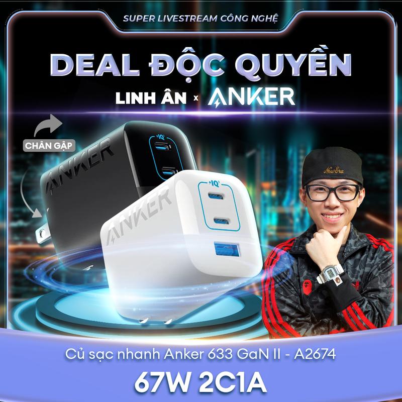 [Anker x Linh Ân] Củ sạc nhanh Anker 336 67W - 3 cổng 2C1A sạc cùng lúc 3 thiết bị - Sạc được cho iPhone, Laptop, Samsung, iPad - A2674
