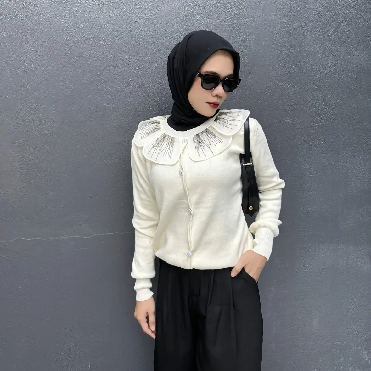 Knit Top Wanita Korean Style Collar Flower Detail /Atasan Wanita /Atasan Rajut /Mories Fashion