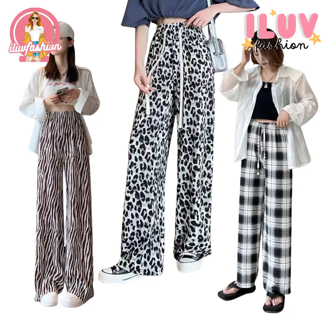 Iluvfashion CPG1616 Celana Panjang Wanita Kulot Motif Lukisan Modis Longgar Bahan Halus Adem Jumbo Salur Garis Polkadot