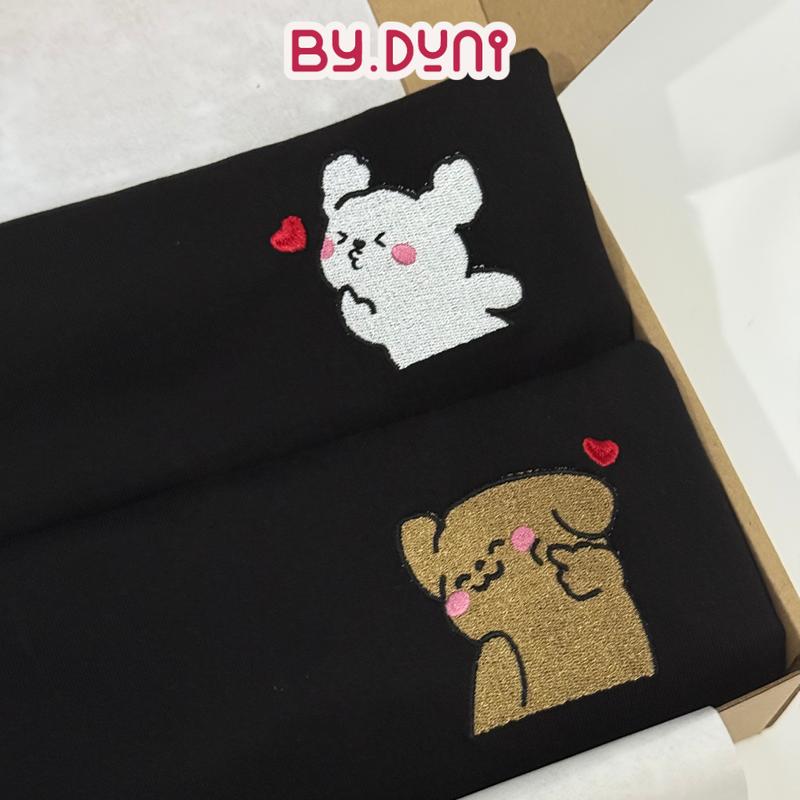 Áo thun THÊU cặp đôi BY.DUNI form rộng nam nữ Local Brand tay lỡ unisex áo cặp bạn thân vải cotton THỎ GẤU