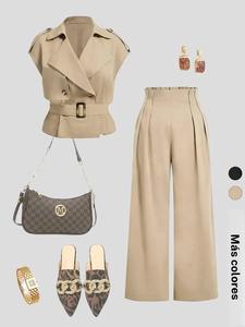 Conjunto de dos piezas para mujer: blazer sin mangas tipo cortavientos + pantalón holgado y ancho con pliegues y cintura alta, traje casual liso para todas las estaciones
