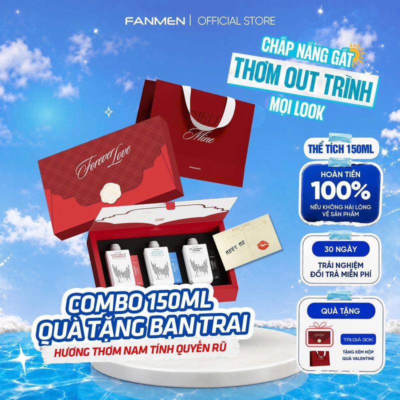Combo Quà Tặng Anh Yêu - Bộ 3 Sữa tắm hương nước hoa cao cấp Fanmen làm sạch sâu, cấp ẩm 150ml và 3 nước hoa nam Fanmen hương thơm nam tính quyến rũ 10ml - Tặng hôp + túi Valentine