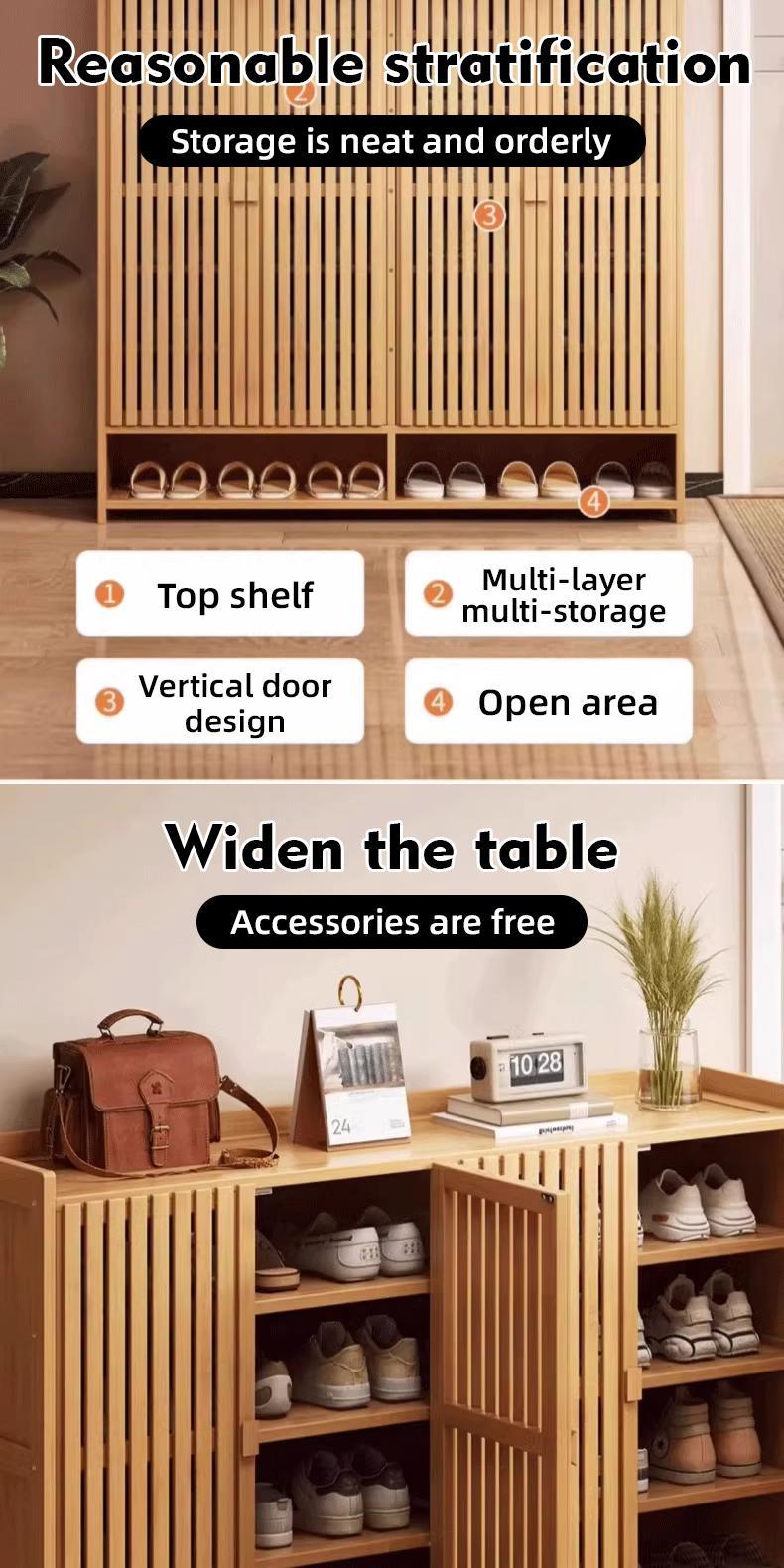 Product Introduction of SG Local Seller 2025 – Upgrade your entryway with this Bamboo Shoe Rack Cabinet, featuring breathable doors and thickened laminate shelves for storage. 37